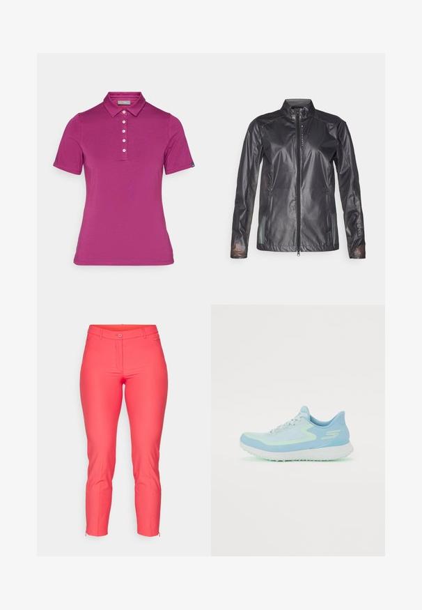 Svart lättviktig jacka med hel dragkedja fram, ståkrage och långa ärmar. Har en glänsande finish och subtil textur.; Fuchsia kortärmad polo t-shirt tillverkad av mjukt tyg. Har en klassisk krage, en fem-knappsslå och en etikett på vänster ärm.; Klänningar i stark korallrosa med skräddarsydd passform och framzipper, bältesöglor och dragkedjor vid anklarna för justerbar längd. Slät textur.; Ljusblå atletisk sko med ovandel i mesh, rund tå, dämpad sula och reflexdetaljer. Har snörning och ett stödjande häfte.