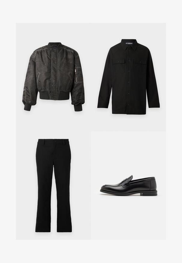 Casaco bomber preto com um acabamento suave e texturizado, punhos e bainha canelados, bolso com fecho de correr na manga e um design minimalista.; Camisa preta de botão com colarinho, mangas longas, dois bolsos no peito com abas e uma bainha reta. Feita de tecido suave.; Calças flare pretas feitas de um tecido de algodão misto, com fecho de botão, passantes para cinto e uma textura suave sem padrões visíveis.; Mocassins de couro preto com uma textura suave, bico arredondado e uma faixa decorativa sobre o peito do pé. Salto baixo e empilhado, design minimalista.