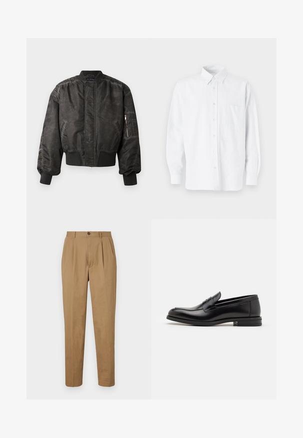 Giacca bomber nera con una finitura liscia e testurizzata, polsini e orlo a coste, tasca con zip sulla manica e un design minimalista.; Camicia bianca con colletto, dotata di sottili righe verticali, maniche lunghe, taschino sul petto e orlo arrotondato classico.; Pantaloni plettati beige con taglio dritto, realizzati in un tessuto morbido. Presentano una chiusura frontale con bottone e tasche laterali.; Mocassini neri in pelle con una texture liscia, punta arrotondata e una striscia decorativa sulla tomaia. Tacco basso impilato, design minimalista.