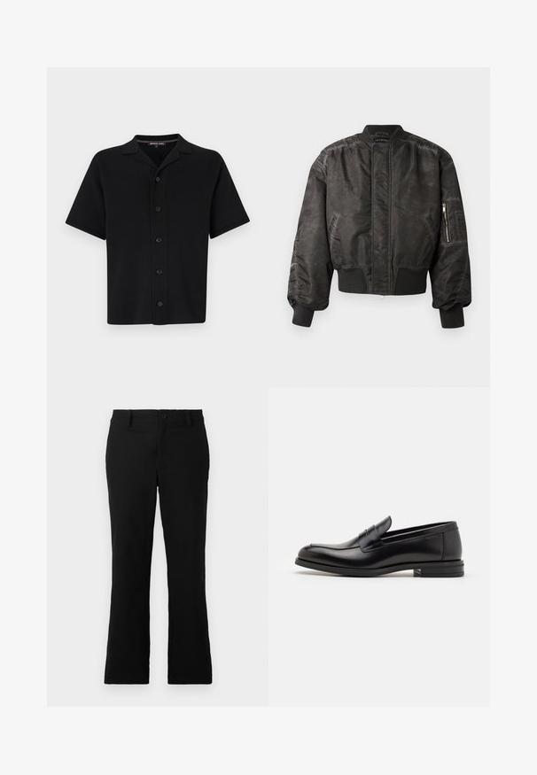 Črna bomber jakna z gladko, teksturirano površino, rebrastimi manšetami in obrobom, z zadrgo žepom na rokavu in minimalističnim dizajnom.; Črna kratkosleeve srajca s gumbi, izdelana iz mehkega materiala. Ima ovratnik in šest sprednjih gumbov, s pravim krojem in brez vidnih vzorcev.; Črne široke hlače iz mešanice bombaža, opremljene z gumbom za zapiranje, zanko za pas in gladko teksturo brez vidnih vzorcev.; Črne usnjene loafer čevlje z gladko teksturo, zaobljenim nosom in dekorativnim trakom čez zgornji del. Nizka zložena peta, minimalističen dizajn.