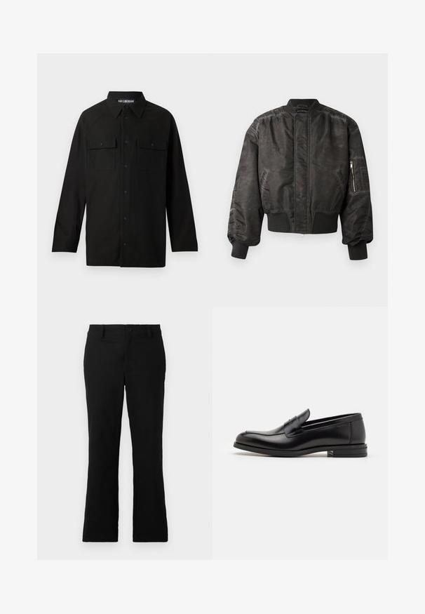 Black bomber jacket with a smooth, textured finish, ribbed cuffs and hem, zippered pocket on the sleeve, and a minimalist design.; Black button-up shirt with a collar, long sleeves, two chest pockets with flaps, and a straight hem. Made of smooth fabric.; Black flared trousers made of cotton blend fabric, featuring a button closure, belt loops, and a smooth texture with no visible patterns.; Black leather loafers with a smooth texture, rounded toe, and a decorative strap across the vamp. Low stacked heel, minimalist design.