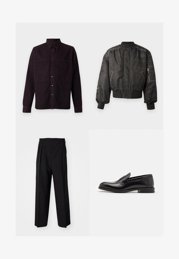 Črna bomber jakna z gladko, teksturirano površino, rebrastimi manšetami in obrobom, z zadrgo žepom na rokavu in minimalističnim dizajnom.; Temno vijolična džins srajca z dolgimi rokavi, koničastim ovratnikom, dvema sprednjima žepoma in kontrastnimi rdečimi šivi. Ima zapiranje na gumbe.; Črne nabirane hlače s ravnim, širokim krojem. Narejene so iz gladkega materiala in imajo zadrgo ter pasne zanke.; Črne usnjene loafer čevlje z gladko teksturo, zaobljenim nosom in dekorativnim trakom čez zgornji del. Nizka zložena peta, minimalističen dizajn.