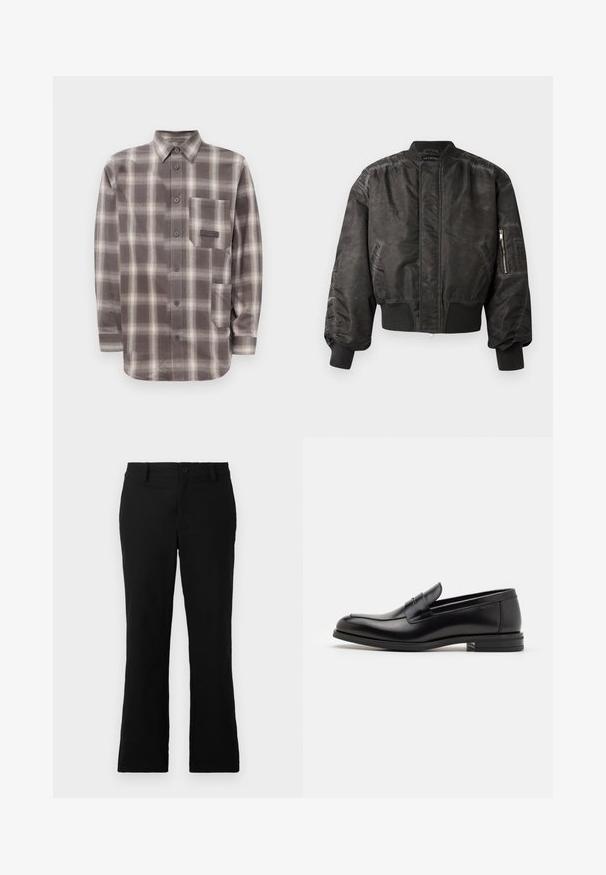 Čierna bomber bunda s hladkým, textúrovaným povrchom, rebrovanými manžetami a lemom, zipsovým vreckom na rukáve a minimalistickým dizajnom.; Hnedá a béžová károvaná košeľa s dlhým rukávom, s dvoma prednými vreckami a špicatým golierom.; Čierne rozšírené nohavice z bavlnenej zmesi, s gombíkovým zapínaním, pútkami na opasok a hladkým povrchom bez viditeľných vzorov.; Čierne kožené mokasíny s hladkou textúrou, zaoblenou špičkou a dekoračným pásikom cez priehlavok. Nízky vrstvený opätok, minimalistický dizajn.