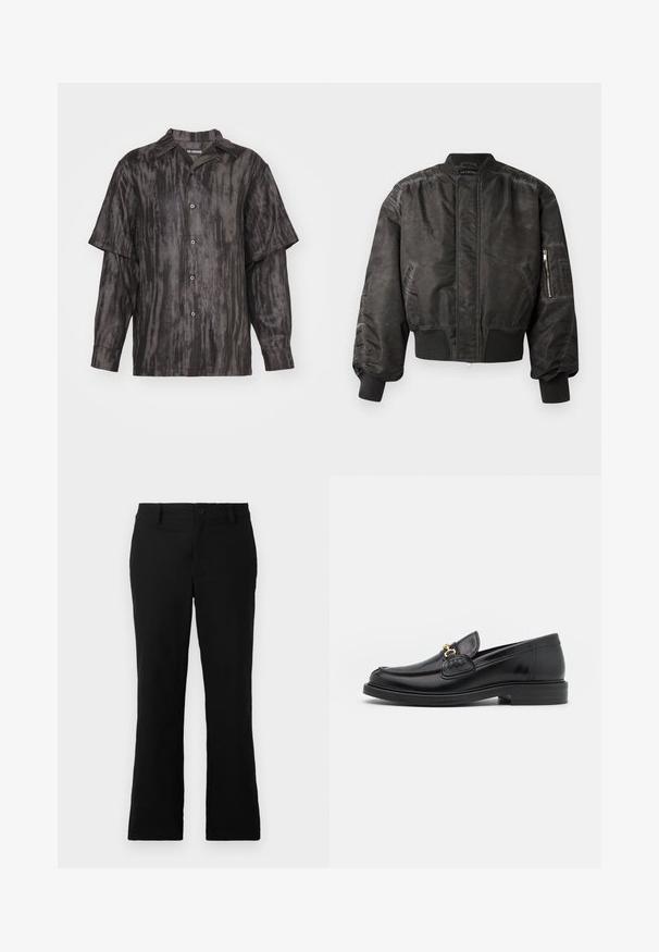 Black bomber jacket with a smooth, textured finish, ribbed cuffs and hem, zippered pocket on the sleeve, and a minimalist design.; Han Kjøbenhavn TWO LAYERED - Shirt - mist grey; Black flared trousers made of cotton blend fabric, featuring a button closure, belt loops, and a smooth texture with no visible patterns.; Black leather loafers with a rounded toe, featuring gold hardware accent and stitching detail, set on a low, textured rubber sole.