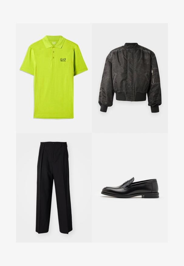Černá bomber bunda s hladkým, texturovaným povrchem, žebrovanými manžetami a lemem, kapsou na zip na rukávu a minimalistickým designem.; Světlá limetkově zelená polo tričko vyrobené z měkké látky, s klasickým límečkem, tříknoflíkovou légou a logem EA7 v černé barvě na hrudi.; Černé skládací kalhoty s rovnými, širokými nohavicemi. Vyrobené z hladké tkaniny, se zapínáním na knoflík a poutky na opasek.; Černé kožené polobotky s hladkou texturou, zaoblenou špičkou a zdobným páskem přes nárt. Nízký stohovaný podpatek, minimalistický design.