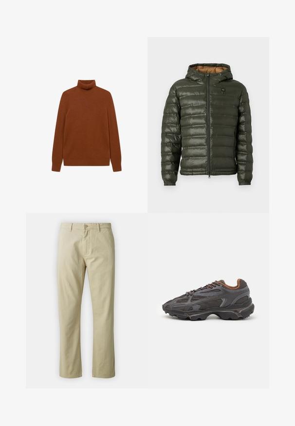 Olivovo zelená puffová bunda s kapucňou, s predným zipsom, horizontálnym prešívaním, elastickými manžetami a béžovým vnútorným podšívaním.; Hnedý rolák s rebrovanou textúrou. Dlhé rukávy a priliehavý strih, vhodný na vrstvenie. Mäkky, teplý materiál.; Béžové bavlnené nohavice so strihaťou rovného strihu, predným zapínaním na gombík a pútkami na opasok. Hladká textura, bez viditeľných vzorov alebo akcentov.; Lacoste tenisky v tmavo sivej farbe z nylonu a syntetického materiálu, s textúrovanou podrážkou a hnedými akcentami na golieri a brandingu.