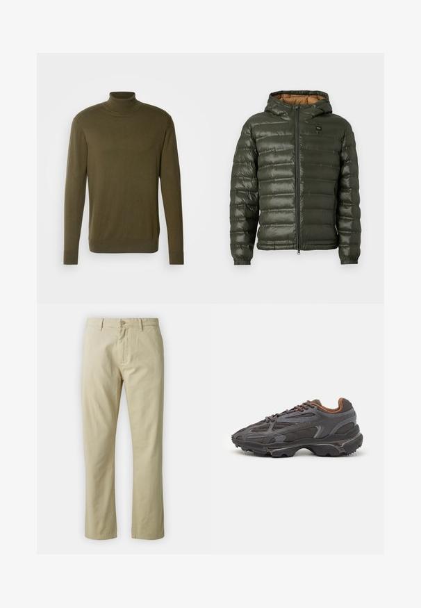 Alyvuogių spalvos pūkinė striukė su cias žieminimo kapsiu, su užtrauktuku, horizontaliais piešiniais, elastinėmis rankovėmis ir šviesiu vidiniu pamušalu.; Žalia oliivų spalvos golfo megztinis, pagamintas iš lygaus, lengvo audinio; turi ilgas rankoves ir pynimo detalėmis apykaklę bei apatinę dalį.; Bežiniai medvilniniai kelnės su tiesiais blauzdomis, priekyje su mygtukų uždarymu ir diržo kilpomis. Lygus paviršius, nėra matomų raštų ar akcentų.; Lacoste sportbačiai tamsiai pilki, pagaminti iš tinklinės ir sintetinių medžiagų, su tekstūruotu padu ir rudomis detalėmis ant apykaklės bei prekės ženklo.