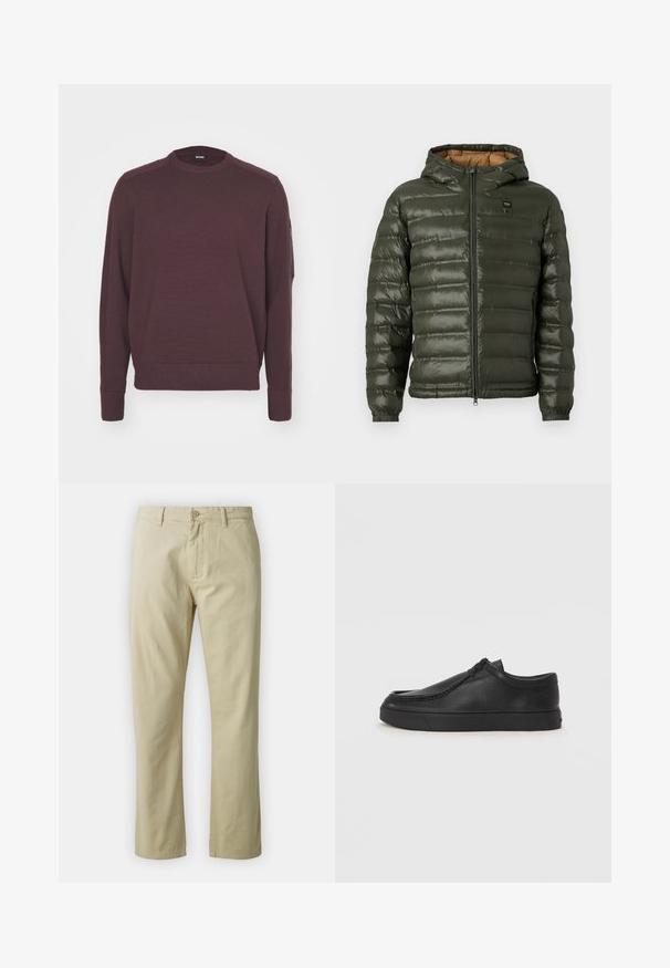 Olive rohelise tooniga pūsemantel kapuutsiga, millel on lukuga esikülg, horisontaalne õmblustehnika, elastsed mansetid ja beež siseriie.; BOSS DIEGO - Džemper - open red; Beezid puuvillased püksid sirge sääre kujundusega, esitasku nuppude sulgemise ja vööde abil. Sile tekstuur, ilma nähtavate mustrite või aktsentideta.; Must na ostri varvastega musta nahast libisemisega king, millel on tikand ja must kummitald. Sile tekstuur ja minimalistik disain.