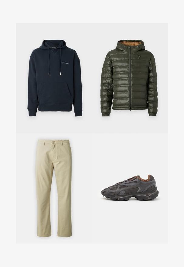 Olivově zelená péřová bunda s kapucí, s předním zipem, horizontálním prošíváním, elastickými manžetami a hnědým vnitřním podšíváním.; Námořnická modrá mikina s kapucí vyrobená z bavlny, s klokaní kapsou a bílým potiskem loga na hrudi, se stříbrnými akcenty na šňůrkách.; Béžové bavlněné kalhoty s rovnými nohavicemi, předním zapínáním na knoflík a poutky na opasek. Hladká textura, žádné viditelné vzory či akcenty.; Sněrovací boty Lacoste v tmavě šedé barvě s síťovinou a syntetickým materiálem, prezentující texturovanou podrážku a hnědé detaily na límci a logu.