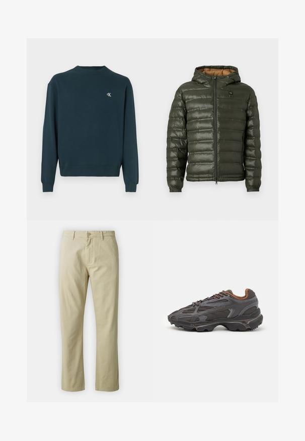 Giacca puffer verde oliva con cappuccio, dotata di zip frontale, design trapuntato orizzontale, polsini elastici e una fodera interna color beige.; Felpa verde scuro con scollo a girocollo in cotone con maniche lunghe, polsini a costine e un piccolo logo bianco sul petto. Texture liscia.; Pantaloni in cotone beige dal design a gamba dritta, con chiusura frontale a bottone e passanti per cintura. Tessuto liscio, senza motivi o dettagli visibili.; Sneaker Lacoste grigie scure in materiale mesh e sintetico, con suola testurizzata e dettagli marroni sul colletto e sul branding.