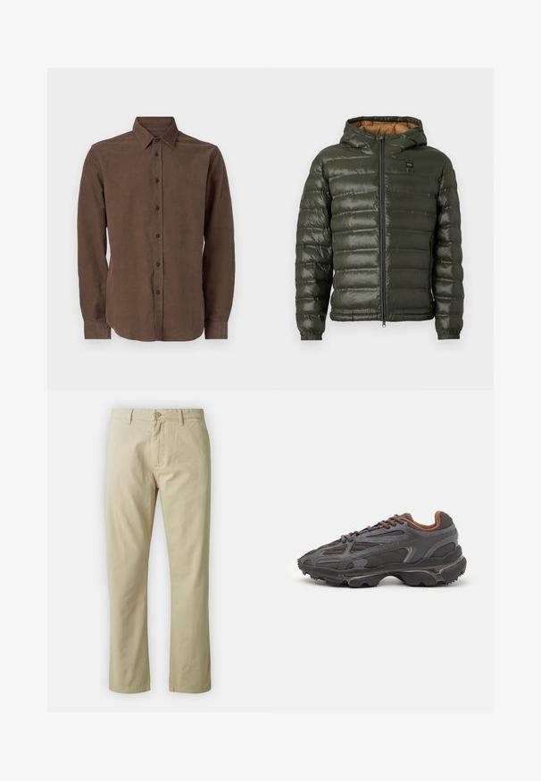 Geacă puffer verde măslinie cu glugă, cu fermoar în față, design cu cusături orizontale, manșete elastice și căptușeală interioară bej.; Cămășă maro cu mânecă lungă, realizată dintr-un material texturat, având o guler clasic și închidere cu nasturi pe față.; Pantaloni din bumbac bej cu un design drept, închidere frontală cu buton și curea. Textură netedă, fără modele sau accente vizibile.; Adidași Lacoste de culoare gri închis, din material mesh și sintetic, cu o talpă texturată și accente maronii pe guler și branding.