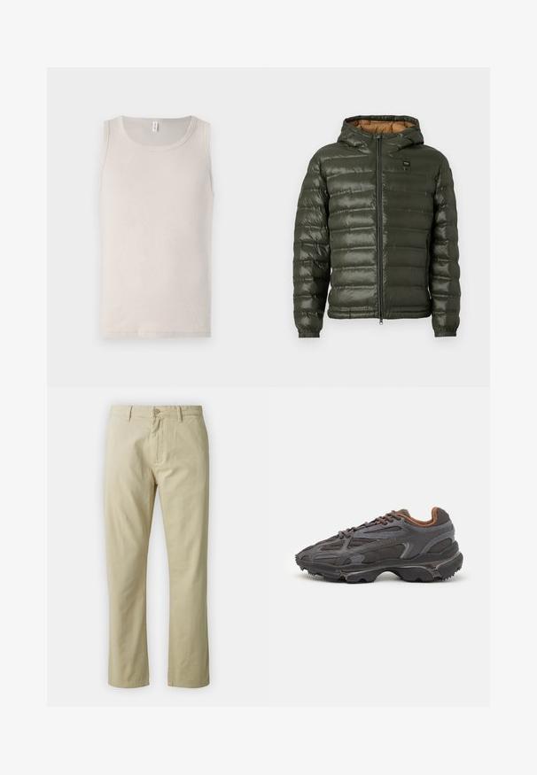 Maslinasto zelena puf jakna s kapuljačom, koja se zatvara na patentni zatvarač, s horizontalnim kviltanim dizajnom, elastičnim rukavima i bež unutrašnjim oblogom.; Svijetlosmeđa majica bez rukava izrađena od mekanog pamuka, s okruglim izrezom i glatkom, rebrastom teksturom.; Bež pamučne hlače s ravnim nogavicama, prednjim zatvaranjem na dugme i petljama za remen. Glatka tekstura, bez vidljivih uzoraka ili naglaska.; Lacoste tenisice u tamno sivoj boji s mrežastim i sintetičkim materijalom, s teksturiranom potplatom i smešnim akcentima na ovratniku i brandiranju.