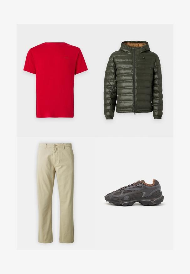 Olíva zöld puffernadrág kapucnival, cipzárral elöl, vízszintes steppeléssel, elasztikus mandzsettákkal és homokszínű bélésborítással.; Piros kerek nyakú póló, rövid ujjú, pamut anyagból, sima textúrával, a hátsó felső részen egy kicsi, fekete logónyomattal.; Beige színű, egyenes lábú pamut nadrág, elöl gombos záródással és övhurkokkal. Simaság jellemzi, látható minták vagy díszítések nélkül.; Sötét szürke Lacoste sportcipők hálós és szintetikus anyagból, textúrázott talppal és barna díszítésekkel a nyak részen és a logón.