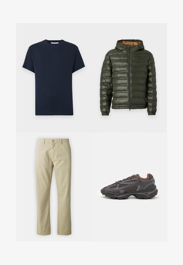 Olivengrønn puffjakke med hette, med glidelås foran, horisontalt quiltet design, elastiske mansjetter og lys brunt fôr.; Mørk marineblå T-skjorte med korte ermer laget av bomull, med rund hals og en avslappet passform. Enkel, ensfarget uten mønstre.; Beige bomullsbukser med rett ben-design, frontlukking med knapp og beltehemper. Jevn tekstur, ingen synlige mønstre eller detaljer.; Lacoste-sneakers i mørkegrått med mesh- og syntetisk materiale, med en teksturert såle og brune detaljer på kragen og merket.