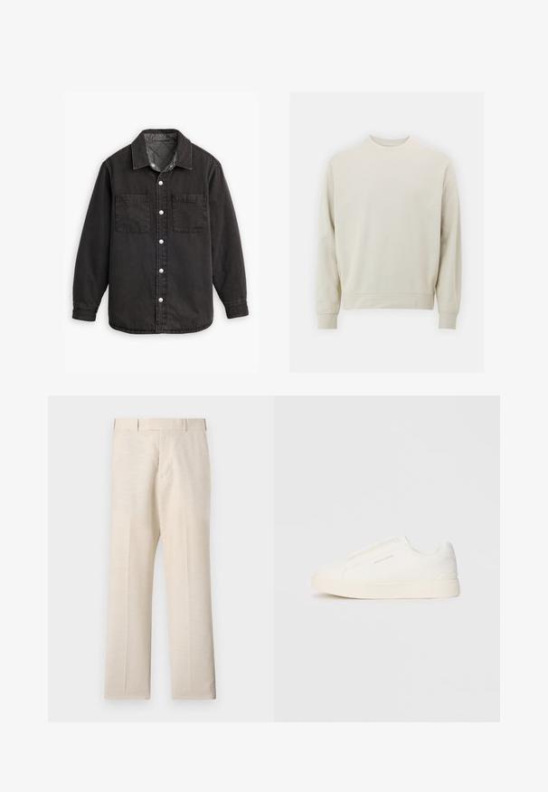 Schwarzes Jeanshemd mit kariertem Innenfutter, zwei Brusttaschen und silbernen Knopfverschlüssen. Besitzt einen klassischen Kragen und lange Ärmel.; Helles beiges Sweatshirt aus weichem Stoff mit Rundhalsausschnitt, langen Ärmeln und gerippten Bündchen und Saum. Minimalistisches Design, keine sichtbaren Muster.; Beige Hosen aus gewebtem Stoff mit glatter Textur, mit flachem Vorderteil, Seitentaschen und geradem Bein.; Weiße Slip-On-Sneaker mit einer strukturierten Oberfläche, dicker Sohle und minimalistischem Design. Mit Logo der Marke an der Seite.
