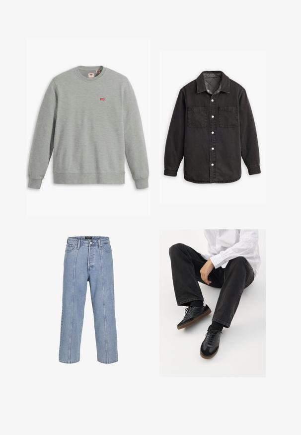 Camicia di jeans nera con fodera interna a quadri, due tasche sul petto e chiusure con bottoni argentati. Presenta un colletto classico e maniche lunghe.; Felpa grigia realizzata in tessuto morbido. Presenta un collo a giro e maniche lunghe. Mostra un piccolo logo rosso di Levi's sul petto.; Jeans in denim blu chiaro con una vestibilità ampia, gambe larghe e dettagli di cucitura visibili. Presenta una chiusura con bottone e zip, cinque tasche.; Sneaker nere con una tomaia liscia e testurizzata, con suola in gomma e lacci scuri. Abbinati a jeans neri e una camicia bianca a righe.