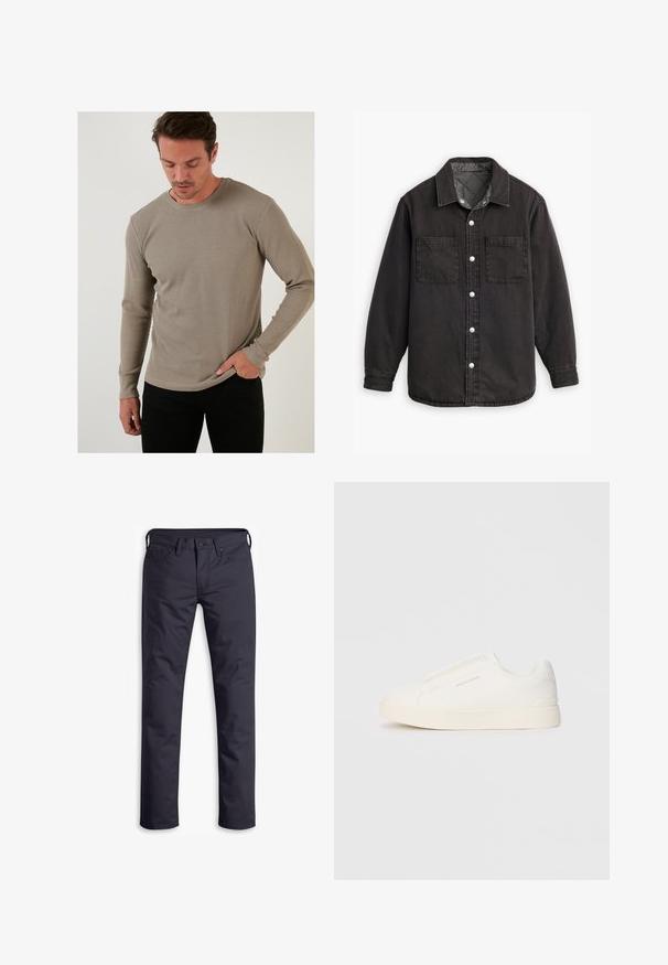 Camicia di jeans nera con fodera interna a quadri, due tasche sul petto e chiusure con bottoni argentati. Presenta un colletto classico e maniche lunghe.; Maglietta termica beige a maniche lunghe con un motivo a coste testurizzato, scollo rotondo e maniche aderenti, abbinata a pantaloni neri.; Jeans blu navy scuro con design a gamba dritta, realizzati in tessuto di cotone morbido. Presentano cinque tasche e una chiusura con bottone.; Sneakers bianchi slip-on con superficie texturizzata, suola spessa e design minimalista. Presentano il logo del marchio sul lato.