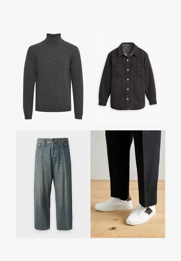 Schwarzes Jeanshemd mit kariertem Innenfutter, zwei Brusttaschen und silbernen Knopfverschlüssen. Besitzt einen klassischen Kragen und lange Ärmel.; Dunkelgrauer Rollkragenpullover aus weichem Strickmaterial; verfügt über lange Ärmel und einen gerippten Kragen mit durchgängiger glatter Textur.; Helle blaue Denim-Jeans mit lockerer Passform, mittelhoher Taille und geraden Beinen. Hat fünf Taschen, Gürtelschlaufen und einen Knopfverschluss.; Weiße Sneakers mit glatter Textur, versehen mit braunen Lederakzenten und schwarzen Details, kombiniert mit schwarzen maßgeschneiderten Hosen. Hintergrund aus Holzboden.