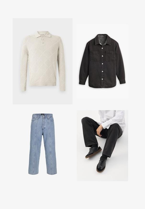 Zwarte denim shirt met een geblokte binnenvoering, twee borstzakken en zilveren knoopsluitingen. Beschikt over een klassieke kraag en lange mouwen.; Lichtbeige gebreide polo trui met een ruitpatroon, drieknopssluiting en ribgebreide manchetten en onderkant.; Lichtblauwe denim jeans met een losse pasvorm, wijde benen en zichtbare stiksels. Voorzien van een knoop- en ritsluiting, vijf zakken.; Zwarte sneakers met een glad en textuur detail, voorzien van een rubberen zool en donkere veters. Gecombineerd met zwarte jeans en een wit gestreept shirt.