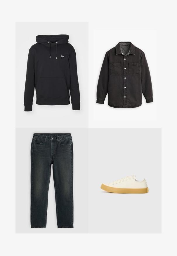 Camisa de denim negra con un forro interior a cuadros, dos bolsillos en el pecho y cierres de botones plateados. Presenta un cuello clásico y manga larga.; Sudadera negra hecha de una mezcla de algodón, con un bolsillo frontal, capucha con cordón, puños acanalados y un pequeño logo bordado en el pecho.; Jeans de mezclilla negros con corte recto, diseño de cinco bolsillos y detalles de desgaste sutil. Cuenta con un cierre de botón y cremallera.; Zapatillas de lona en color blanco roto con punta redonda, que cuentan con suelas de goma beige y cinco ojetes para los cordones, acabado texturizado en la parte superior.