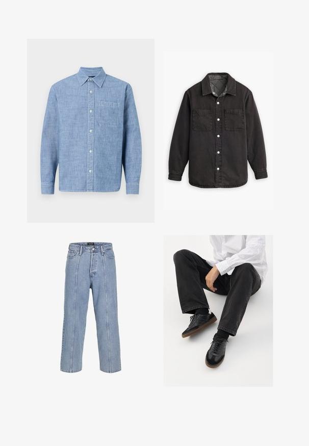 Zwarte denim shirt met een geblokte binnenvoering, twee borstzakken en zilveren knoopsluitingen. Beschikt over een klassieke kraag en lange mouwen.; Lichtblauw, langekmouwen overhemd met knoopsluiting, gemaakt van textuurstof. Beschikt over een kraag, een borstzak en knoopsluiting aan de voorkant.; Lichtblauwe denim jeans met een losse pasvorm, wijde benen en zichtbare stiksels. Voorzien van een knoop- en ritsluiting, vijf zakken.; Zwarte sneakers met een glad en textuur detail, voorzien van een rubberen zool en donkere veters. Gecombineerd met zwarte jeans en een wit gestreept shirt.