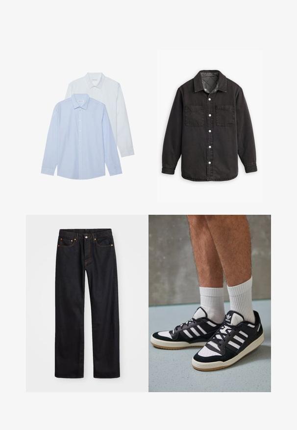Czarna koszula dżinsowa z karo wzorzystą podszewką, dwoma kieszeniami na piersi i srebrnymi zapięciami na guziki. Posiada klasyczny kołnierz i długie rękawy.; Dwie koszule z długim rękawem: jedna jasnoniebieska w cienkie pionowe paski, druga solidnie biała. Obie mają kołnierzyki i zapięcie na guziki.; Męskie jeansy w prostym kroju, czarne, z pięcioma kieszeniami oraz pomarańczowymi strefami, z zapięciem na guzik i zamek z przodu w pasie.; Czarno-białe sneakersy z zamszową i skórzaną cholewką, z trzema białymi paskami, perforowanym czubkiem i gumową podeszwą w kolorze gumy.
