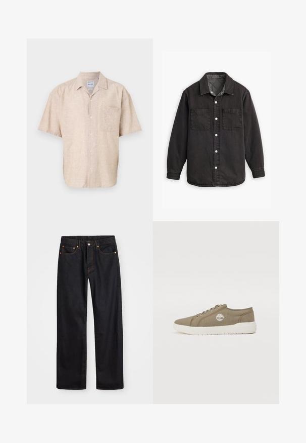 Melna denima krekls ar rūtainu iekšējo oderi, divām krūšu kabatām un sudraba pogu aizdari. Iezīmē klasisku apkakli un garām piedurknēm.; Īsām piedurknēm pogājama krekla dizains no gaiša lina maisījuma, kuram ir krūšu kabata, smalka tekstūra un klasiskā apkakles forma.; Vīriešu taisno kāju melnie džinsi ar piecām kabatām un oranžu izšuvumu, ar pogu un zipa aizdari priekšējā jostas daļā.; Kanvas kedas olīvu zaļā krāsā ar baltām akcentiem, ar auklu aizdari, apaļu purngalu un logotipu ar koku sānos. Plakans gumijas zole.