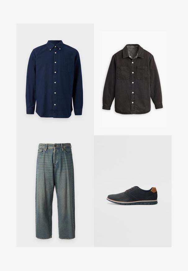 Melna denima krekls ar rūtainu iekšējo oderi, divām krūšu kabatām un sudraba pogu aizdari. Iezīmē klasisku apkakli un garām piedurknēm.; Tumši zils garās piedurknes pogājamais krekls ar krūšu kabatu un pogājamu apkakli, izlikts uz balta fona.; Gaiši zili džinsi ar brīvu piegriezumu, vidējo jostas augstumu un taisnām kājām. Satur piecas kabatas, jostas cilpas un pogu aizdari.; Melni sintētiskie apavi ar struktūru augšdaļā, gludu akcentu, brūnu papēdi un kontrastējošu zoli. Iezīmē minimālu šņorēšanu un šuvju detaļas.