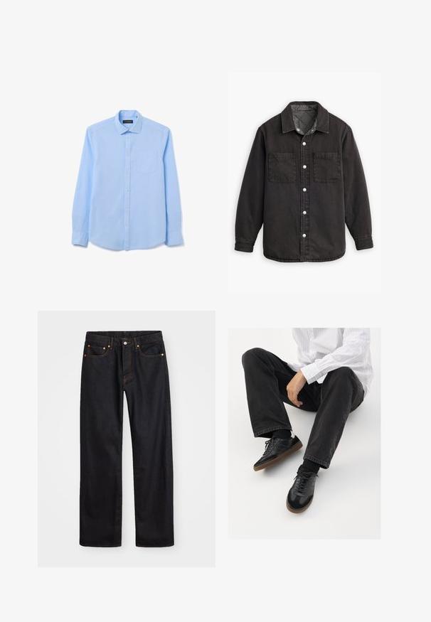 Zwarte denim shirt met een geblokte binnenvoering, twee borstzakken en zilveren knoopsluitingen. Beschikt over een klassieke kraag en lange mouwen.; Lichtblauw overhemd met lange mouwen van gladde stof, voorzien van een kraag met knopen, knopen aan de voorkant en een borstzak aan de linkerkant.; Heren straight-leg zwarte denim jeans met vijf zakken en oranje stiksels, knoop- en ritssluiting op de voorkant van de tailleband.; Zwarte sneakers met een glad en textuur detail, voorzien van een rubberen zool en donkere veters. Gecombineerd met zwarte jeans en een wit gestreept shirt.