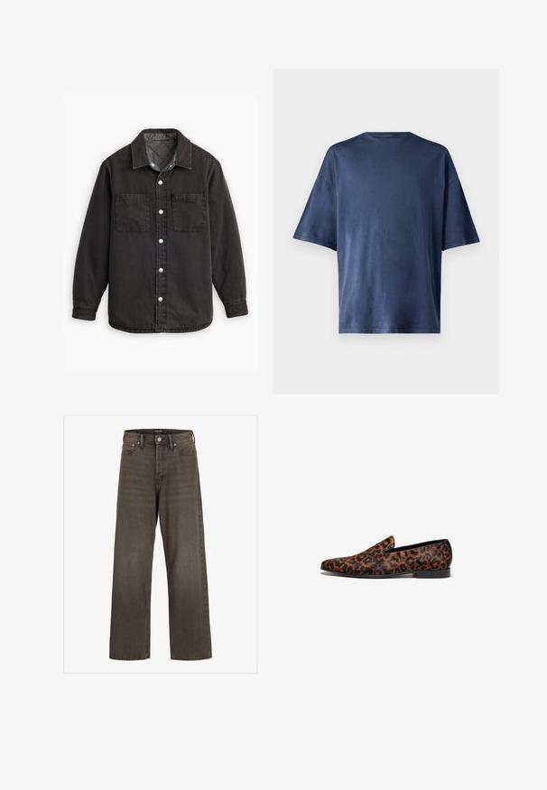 Camicia di jeans nera con fodera interna a quadri, due tasche sul petto e chiusure con bottoni argentati. Presenta un colletto classico e maniche lunghe.; Maglietta a maniche corte blu navy, realizzata in un tessuto morbido, presenta un classico colletto girocollo e una vestibilità comoda, senza motivi o dettagli visibili.; Jeans a gamba larga in denim grigio scuro, con vita alta, design classico a cinque tasche e cuciture a contrasto lungo le cuciture.; Mocassini con stampa leopardata dal design elegante, realizzati in materiale testurizzato, con tacco basso e dettagli neri a contrasto.