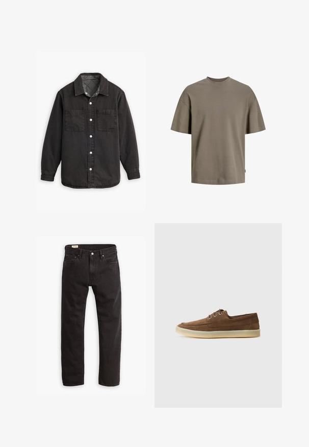 Schwarzes Jeanshemd mit kariertem Innenfutter, zwei Brusttaschen und silbernen Knopfverschlüssen. Besitzt einen klassischen Kragen und lange Ärmel.; Baumwoll-T-Shirt in gedämpftem Olivgrün; mit Rundhalsausschnitt, kurzen Ärmeln und einer lässigen Passform mit minimalen Nähdetails.; Schwarze Denim-Jeans mit geradem Bein, ausgestattet mit einem klassischen Fünf-Taschen-Design, subtilen Nähten und einem Metallknopfverschluss.; Braune Wildlederschuhe mit niedriger Profilhöhe, Schnürdesign, Gummisohle und kontrastierenden Nähdetails. Schlichtes und funktionales Design.