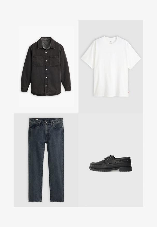 Czarna koszula dżinsowa z karo wzorzystą podszewką, dwoma kieszeniami na piersi i srebrnymi zapięciami na guziki. Posiada klasyczny kołnierz i długie rękawy.; Biała koszulka z krótkim rękawem wykonana z bawełny, z okrągłym dekoltem. Posiada subtelny wytłoczony logo z przodu oraz czerwoną metkę na dolnym brzegu.; Ciemnoniebieskie dżinsy o prostym kroju nogawki, pięcioma kieszeniami i zapięciem na guzik. Materiał ma subtelne przetarcia i fakturę.; Czarne skórzane buty żeglarskie z grubą gumową podeszwą, sznurowanym przodem i ozdobnymi oczkami po bokach na jednolitym jasnoszarym tle.