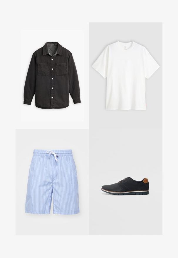 Schwarzes Jeanshemd mit kariertem Innenfutter, zwei Brusttaschen und silbernen Knopfverschlüssen. Besitzt einen klassischen Kragen und lange Ärmel.; Weißes T-Shirt mit kurzen Ärmeln aus Baumwolle und rundem Halsausschnitt. Besitzt ein dezentes, geprägtes Logo-Detail auf der Vorderseite und ein rotes Etikett am Saum.; Himmelblaue gestreifte Badeshorts aus glattem Stoff. Mit weißem Kordelzug und Seitentaschen. Mittellange bis zum Oberschenkel mit geradem Schnitt.; Schwarze synthetische Schuhe mit einer strukturierten Oberseite, glatten Akzenten, braunem Absatz und einer kontrastierenden Sohle. Verfügt über minimale Schnürung und Nähdetails.