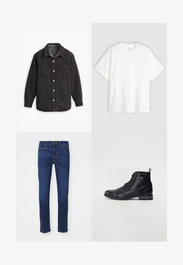 Crna traper košulja s kariranim unutrašnjim podstavom, dvije prednje džepove i srebrnim kopčama. Ima klasični ovratnik i dugačke rukave.; Bijela kratka majica od pamuka s okruglim izrezom. Sadrži suptilni reljefni logo detalj sprijeda i crvenu oznaku na rubu.; Plave traperice s ravnim nogavicama, pet džepova i zatvaranjem na gumbe. Tkanina ima glatku teksturu s laganim izbljeđivanjem.; Crne kožne gležnjače s čipkastim prednjim dijelom, zaobljenim vrhom, ravnim gumenim potplatom i malim trakama za povlačenje straga. Sadrži suptilan logo sa strane.