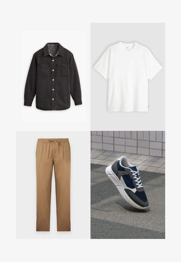 Zwarte denim shirt met een geblokte binnenvoering, twee borstzakken en zilveren knoopsluitingen. Beschikt over een klassieke kraag en lange mouwen.; Witte pique t-shirt met korte mouwen van katoen en een ronde hals. Heeft een subtiele reliëf logo-detail aan de voorkant en een rood label aan de zoom.; Lichtbruine, loszittende broek gemaakt van een gladde stof. Heeft een elastische tailleband met een trekkoord en een rechte pijpdesign.; Sneaker met een marineblauwe mesh bovenwerk, grijze suède accenten, witte rubberen zool en platte witte veters, ontworpen voor comfort en ademend vermogen.