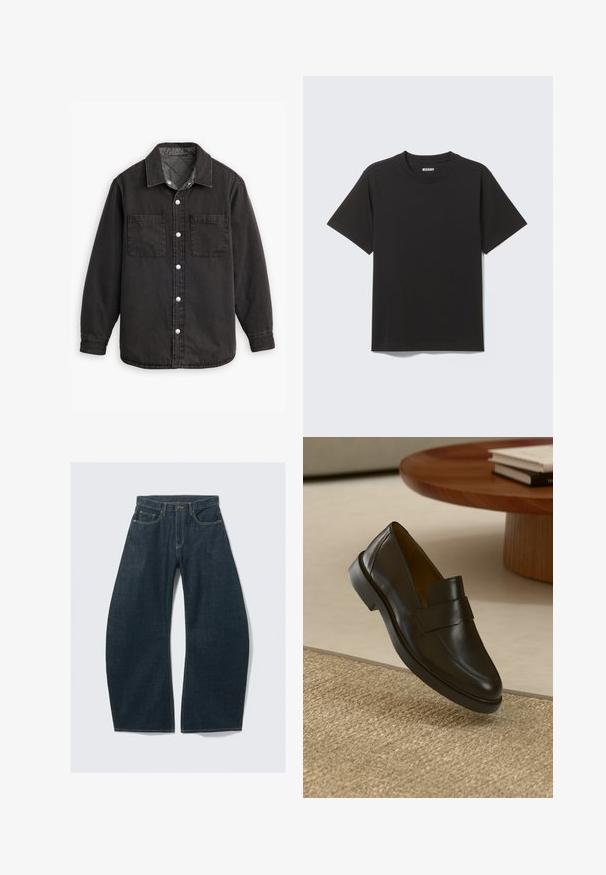Black denim shirt with a checkered inner lining, two chest pockets, and silver button closures. Features a classic collar and long sleeves.; Black short-sleeve T-shirt made of soft cotton, featuring a round neckline and simple design without patterns or accents.; Dark blue wide-leg jeans made from denim, featuring five pockets, visible stitching, a button closure, and a clean finish.; Black leather loafer with a smooth finish, a rounded toe, and a decorative strap across the upper. Low rubber heel, set against a textured surface.