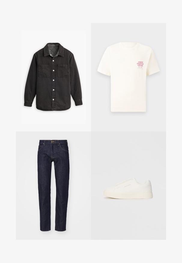 Juodas džinsinis marškinis su patikromis vidinėmis siūlėmis, dviem krūtinės kišenėmis ir sidabriniais mygtukais. Ypatumai: klasikinis apykaklė ir ilgomis rankovėmis.; Balta trumpa rankovėmis marškinėliai su raudonu užrašu "Studio Originals Edition" kairiajame krūtinės šone, rodomi neutralioje pilkoje aplinkoje.; Tamsiai mėlynos džinsinės kelnės su tiesiu kirpimu, penkių kišenių dizainu, kontrastingomis geltonomis siūlėmis ir metaliniu mygtuko užsegimu juosmens srityje.; Baltos slip-on sportbačiai su tekstūruota paviršiumi, storesniu padu ir minimalistišku dizainu. Šone matosi prekės ženklo logotipas.