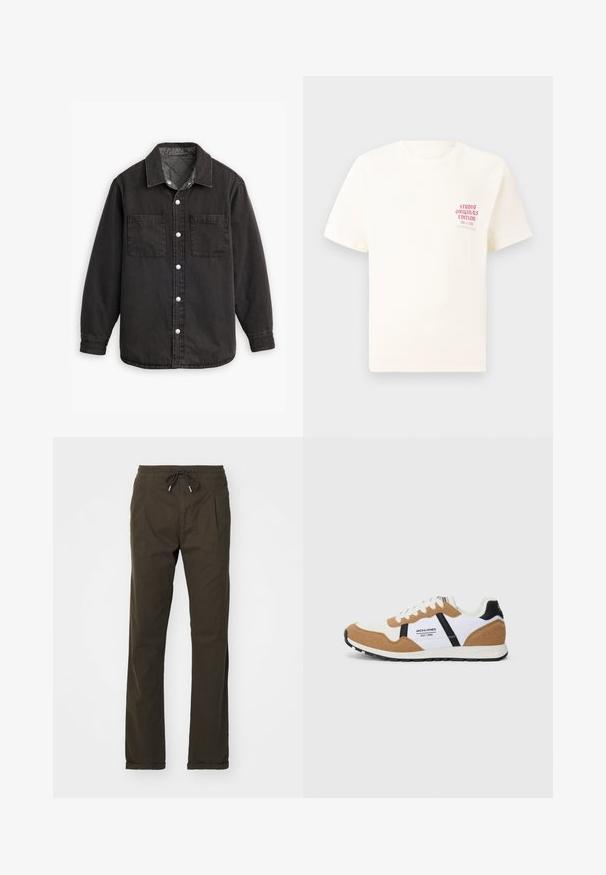 Zwarte denim shirt met een geblokte binnenvoering, twee borstzakken en zilveren knoopsluitingen. Beschikt over een klassieke kraag en lange mouwen.; Witte T-shirt met korte mouwen met rode tekst "Studio Originals Edition" op de linker borst, weergegeven op een neutrale grijze achtergrond.; Bruine joggingsbroek van zachte stof, met zijzakken en een comfortabele pasvorm, en omgeslagen manchetten aan de onderkant.; Retro-stijl sneaker met witte, tan suede, zwarte accenten, witte veters en het "Jack & Jones EST. 1990" logo aan de zijkant.