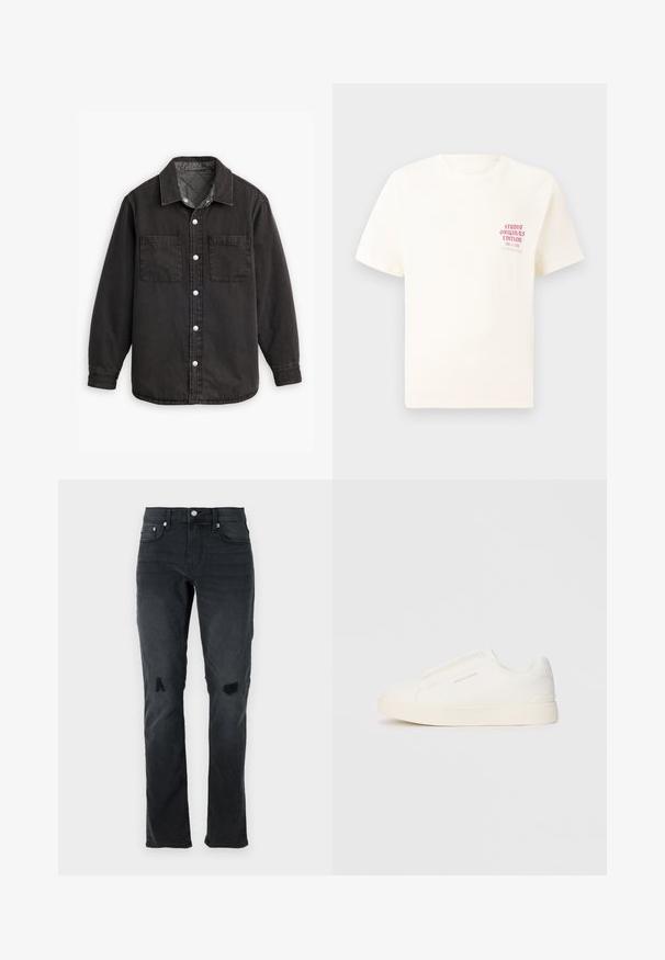 Melna denima krekls ar rūtainu iekšējo oderi, divām krūšu kabatām un sudraba pogu aizdari. Iezīmē klasisku apkakli un garām piedurknēm.; Balts īsām piedurknēm T-krekls ar sarkanu tekstu "Studio Originals Edition" uz kreisā krūšu, pakārtots neitrālā pelēkā fonā.; Melnas džinsu bikses ar šauru piegriezumu, smalku nodilumu, diviem ceļa plīsumiem un tradicionālo piecu kabatu stilu ar pogu aizdari.; Baltas slip-on sporta apavi ar teksturētu virsmu, biezu zoli un minimālistisku dizainu. Sānos redzams zīmola logotips.