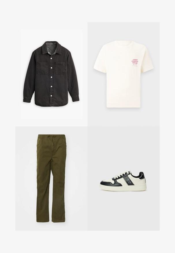 Fekete farmering kockás belső béléssel, két mellzsebbel és ezüst gombos záródással. Klasszikus gallérral és hosszú ujjal rendelkezik.; Fehér, rövid ujjú póló, bal mellen piros szöveggel "Studio Originals Edition", semleges szürke háttér előtt.; Olive zöld pamut cargo nadrág, húzózsinóros derékkal, egyenes lábakkal, oldalzsebekkel és sima textúrával.; Fekete és krém színű bőrsneaker, perforált díszítésekkel, párnázott bokapánttal és texturált talppal.
