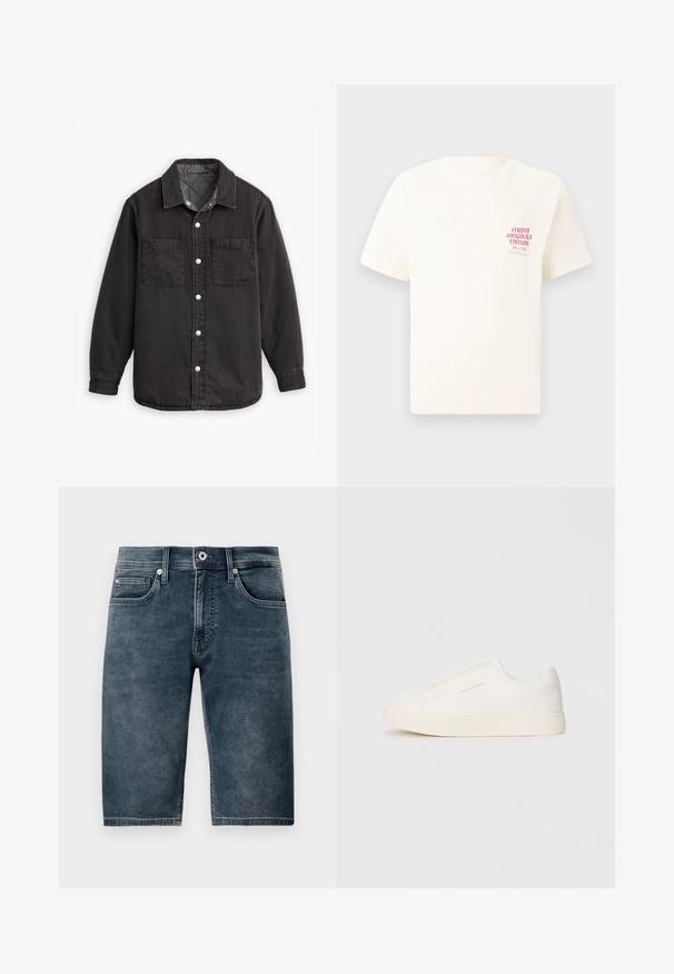 Black denim shirt with a checkered inner lining, two chest pockets, and silver button closures. Features a classic collar and long sleeves.; White short-sleeve T-shirt with red text "Studio Originals Edition" on left chest, displayed on a neutral gray background.; Dark blue denim shorts, knee-length, with a smooth texture, five pockets, and metal button closure. Slightly faded finish for a casual look.; White slip-on sneakers with a textured surface, a thick sole, and minimalistic design. Features brand logo on the side.