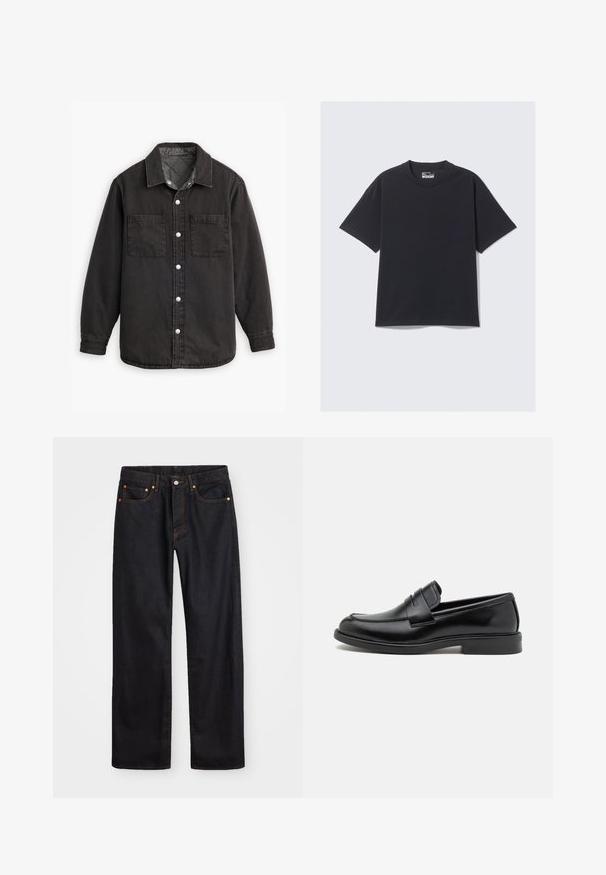 Black denim shirt with a checkered inner lining, two chest pockets, and silver button closures. Features a classic collar and long sleeves.; Black cotton T-shirt featuring a classic crew neck, short sleeves, and a relaxed fit. Smooth texture with minimal stitching detail.; Men’s straight-leg black denim jeans with five pockets and orange stitching, button and zip closure on front waistband.; Black leather loafers with a rounded toe, stitched detail across the vamp, and a flat rubber sole for traction. Smooth texture throughout.