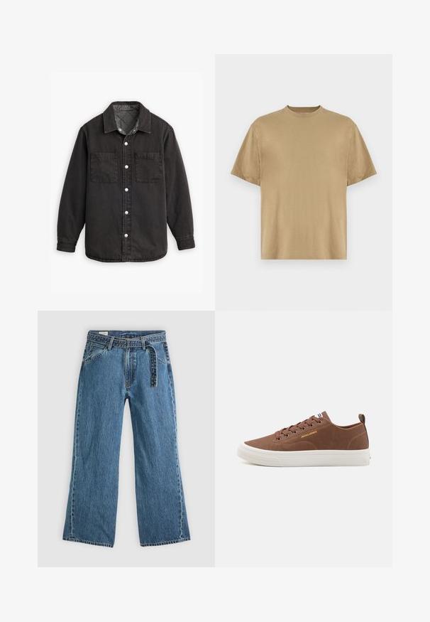 Schwarzes Jeanshemd mit kariertem Innenfutter, zwei Brusttaschen und silbernen Knopfverschlüssen. Besitzt einen klassischen Kragen und lange Ärmel.; Khakifarbenes T-Shirt mit kurzen Ärmeln aus weichem Stoff, mit einem Rundhalsausschnitt und einer lockeren Passform. Keine Muster oder Grafiken sichtbar.; Blaue Denim-Jeans mit weitem Bein, angebautem Gürtel, vorderen Taschen und sichtbaren Nähten auf einem schlichten hellen Hintergrund.; Jack & Jones JFWBAYSWATER - Sneaker low - cognac