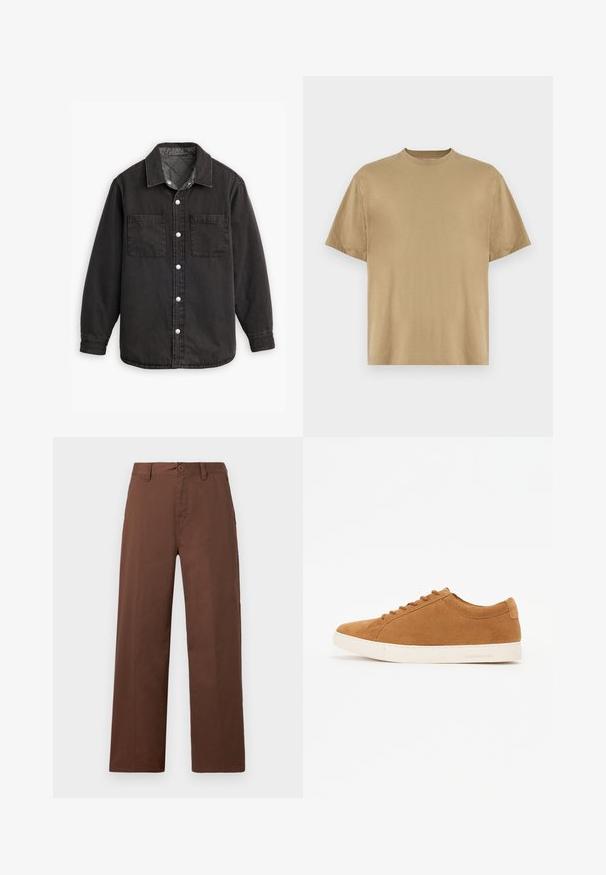 Czarna koszula dżinsowa z karo wzorzystą podszewką, dwoma kieszeniami na piersi i srebrnymi zapięciami na guziki. Posiada klasyczny kołnierz i długie rękawy.; Khaki koszula T-shirt z krótkim rękawem, wykonana z miękkiego materiału, z okrągłym dekoltem i luźnym fasonem. Brak widocznych wzorów lub grafik.; Brązowe spodnie szerokie wykonane z gładkiej bawełny. Posiadają zapięcie na guzik, szlufki na pasek oraz dwie przednie kieszenie.; Brązowe zamszowe sneakersy o niskim kroju, z białą gumową podeszwą i okrągłym noskiem. Zawierają pasujące sznurowadła oraz minimalne oznaczenie marki na pięcie.