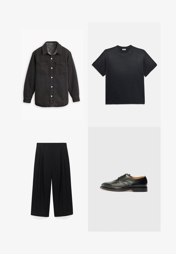Zwarte denim shirt met een geblokte binnenvoering, twee borstzakken en zilveren knoopsluitingen. Beschikt over een klassieke kraag en lange mouwen.; Zwarte katoenen t-shirt met een ronde halslijn en korte mouwen. Heeft een ontspannen pasvorm, een gladde textuur en een minimalistisch ontwerp.; Zwarte wijde pantalon met plooien, voorzien van zijzakken en een gladde stofstructuur. Enkel-lange uitvoering, op maat gemaakt voor een losse pasvorm.; Zwarte leren nette schoen met een gladde afwerking, ronde neus en minimale veters. Beschikt over een subtiel ontwerp en een lage, stevige rubberen zool.