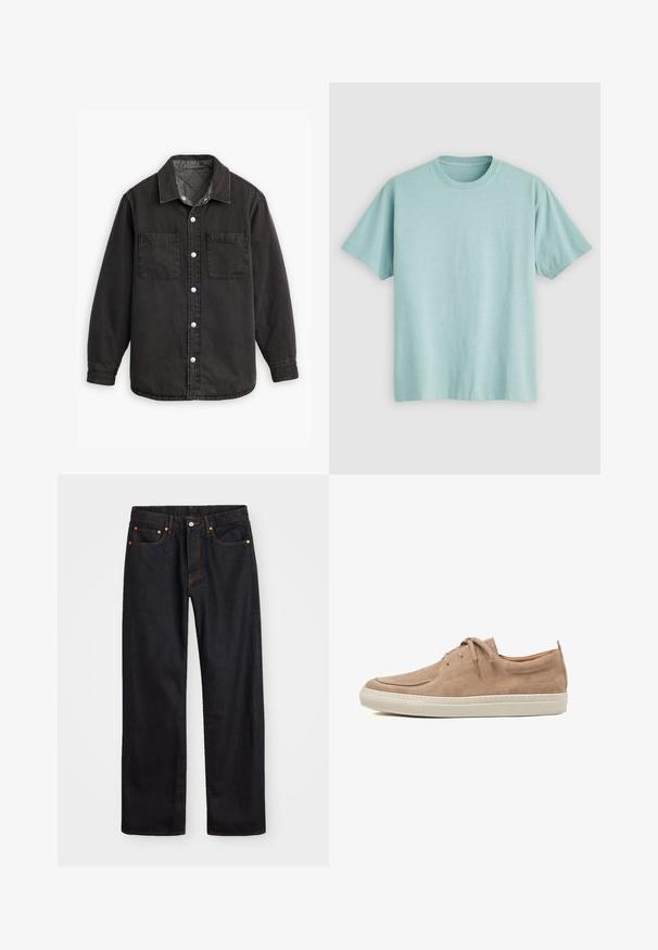 Chemise en denim noir avec doublure intérieure à carreaux, deux poches poitrine et fermetures à boutons en argent. Comprend un col classique et des manches longues.; T-shirt bleu clair à col rond fabriqué en coton, avec des manches courtes et un petit logo sur la poitrine gauche. Texture lisse.; Jean en denim noir pour hommes, coupe droite, avec cinq poches et surpiqûres orange, fermeture par bouton et zip à la taille avant.; Baskets en daim beige avec un bout arrondi, un design à lacets et une semelle en caoutchouc blanche, présentant des coutures discrètes et un logo sur le talon.