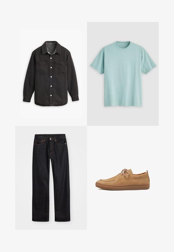 Černá denimová košile s kostkovanou podšívkou, dvěma náprsními kapsami a stříbrnými knoflíky. Má klasický límec a dlouhé rukávy.; Světle modré tričko s kulatým výstřihem vyrobené z bavlny, s krátkými rukávy a malým logem na levé části hrudi. Hladká textura.; Pánské černé džíny rovného střihu s pěti kapsami a oranžovým prošíváním, s knoflíkem a zipem na předním pásku.; Hnědé semišové volnočasové boty s kulatou špičkou, zavazováním na tkaničky a gumovou podrážkou. Mají detaily švů a malou logo na boku.