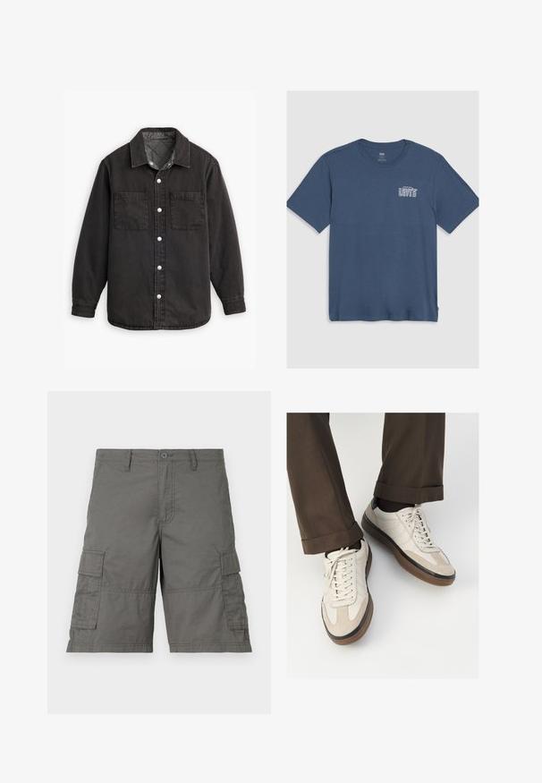 Schwarzes Jeanshemd mit kariertem Innenfutter, zwei Brusttaschen und silbernen Knopfverschlüssen. Besitzt einen klassischen Kragen und lange Ärmel.; Blaues Baumwoll-T-Shirt mit Rundhalsausschnitt und kurzen Ärmeln. Ein weißes "Levi's"-Logo ist auf der linken Brustseite aufgedruckt. Schlichtes Design.; Grau Cargo-Shorts mit Knopfverschluss, mehreren Seitentaschen und Nähten. Hergestellt aus leichtem, strapazierfähigem Stoff.; Beige Sneakers mit einer strukturierten Wildlederfront, glatten Lederseiten und einer braunen Gummisohle. Bändel und helle Nähdetails sind enthalten.