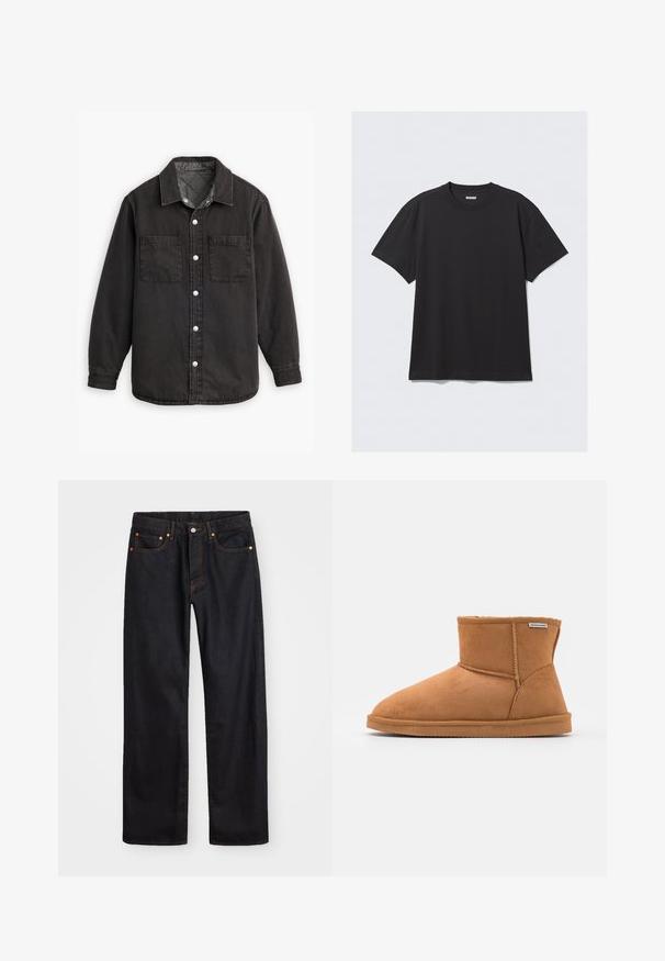 Černá denimová košile s kostkovanou podšívkou, dvěma náprsními kapsami a stříbrnými knoflíky. Má klasický límec a dlouhé rukávy.; Černé krátké tričko s krátkým rukávem vyrobené z bavlny. Má kulatý výstřih a volný střih. Jednoduchý design bez viditelných vzorů nebo akcentů.; Pánské černé džíny rovného střihu s pěti kapsami a oranžovým prošíváním, s knoflíkem a zipem na předním pásku.; Hnědé semišové kotníkové boty s kulatou špičkou, měkkým vnitřním podšíváním, šitými detaily a gumovou podrážkou. Viditelná značka značky na boku.