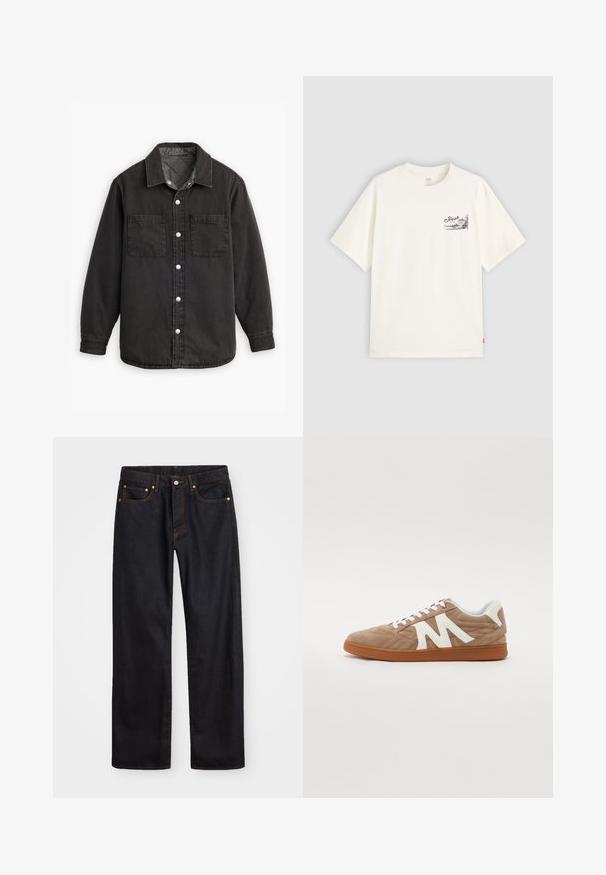 Mustapellava paita, jossa on ruudullinen vuori, kaksi rintataskua ja hopeiset nappisulkemiset. Ominaisuuksiin kuuluu klassinen kaulus ja pitkät hihat.; Valkoinen lyhythihainen t-paita, joka on valmistettu puuvillasta. Paidassa on musta graafinen kuvio vasemmassa rinnassa, jossa on sana "Fresh."; Miestne čierne rovné džínsy so štyrmi vreckami a oranžovým šitím, zapínanie na gombík a zips na prednom pásku.; Lace-up kengät, joissa on ruskea mokkanahkainen päällinen, valkoiset kangasdetailit, tikattu kuvio ja ruskea kumipohja. Varustettu näkyvällä "M" logolla.